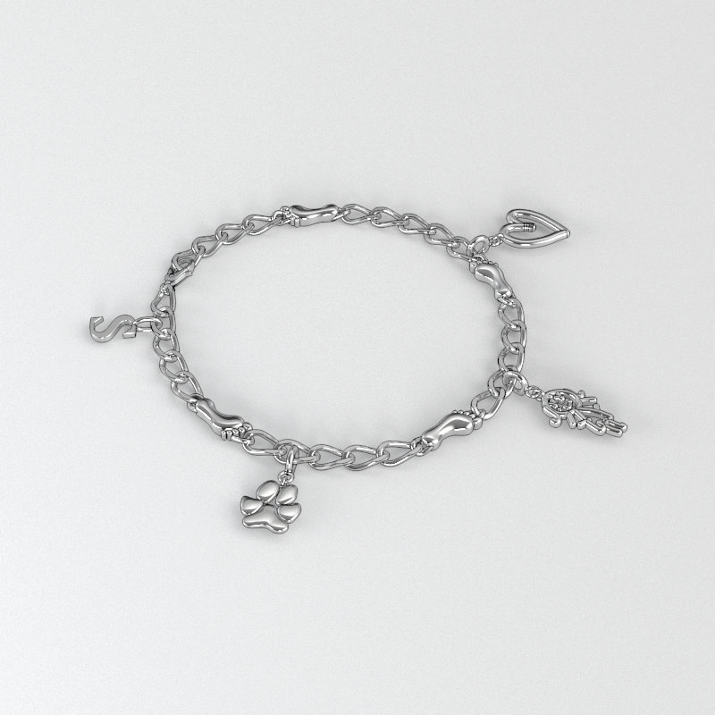 Silver chain bracelet with paw print, heart, and key charms on a light gray background