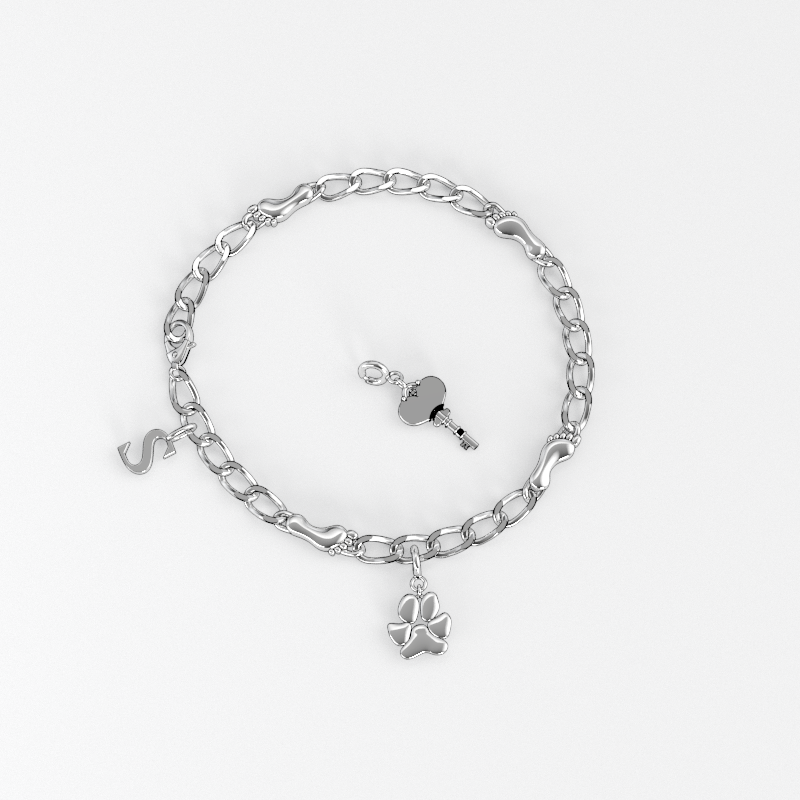 Silver chain bracelet with paw print and key charms on a white background