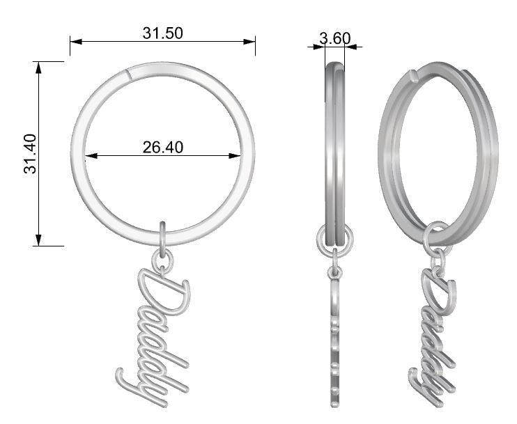 Custom handwriting keychain by Sprout showing detailed dimensions and design specifications for a silver “Daddy” charm