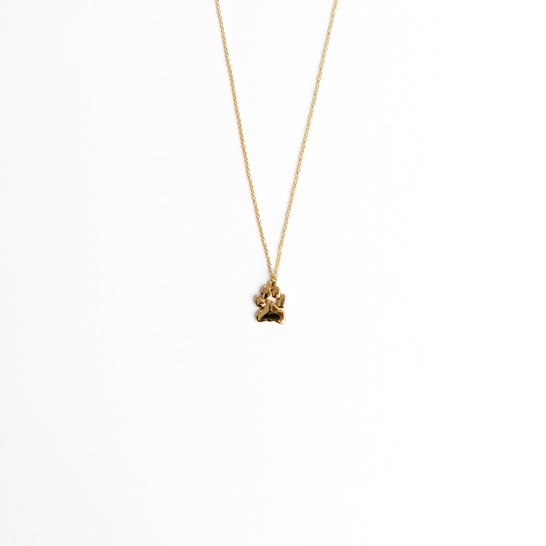 Minimalist gold paw print necklace on white background