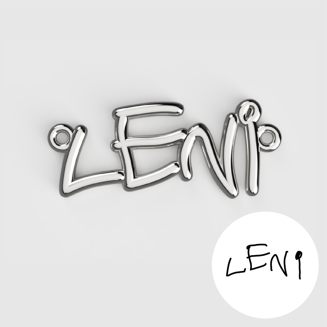 Silver custom handwriting pendant spelling “Leni” with original handwritten drawing reference.