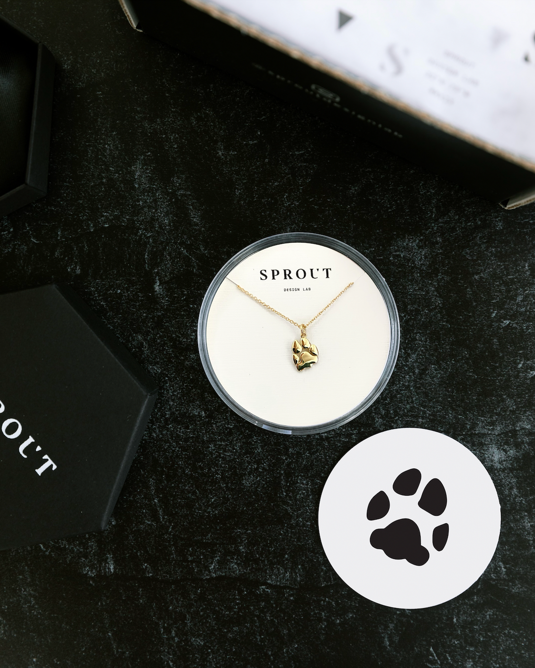 Gold custom paw print necklace in Sprout jewelry box with paw illustration
