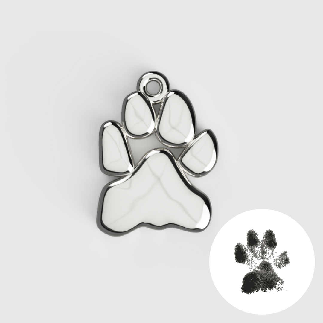 Custom silver paw print pendant necklace with ink paw impression