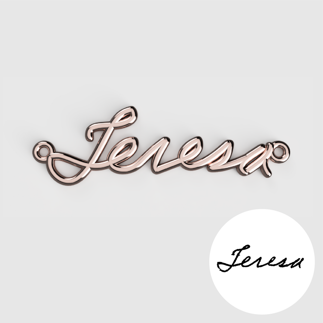 Rose gold custom handwriting pendant spelling “Teresa” with original handwritten reference.